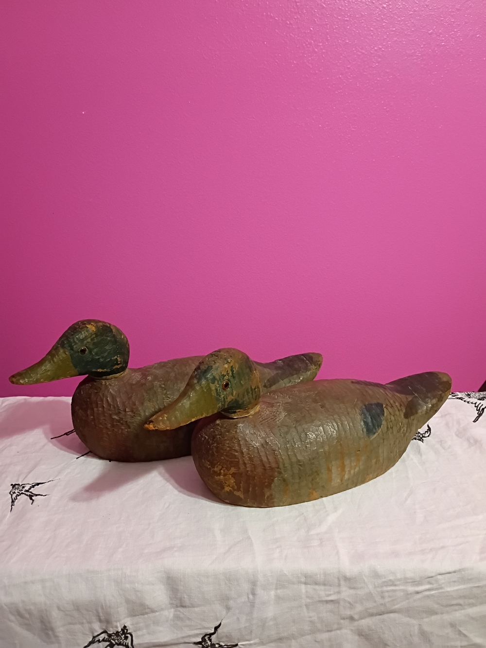 Pair of Vintage Wooden Duck Decoys in Brown and Green